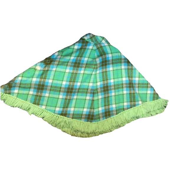 Vintage Green Plaid Fringe Polyester Cape Poncho Shawl Wool Knit Handmade 70s - Picture 7 of 14